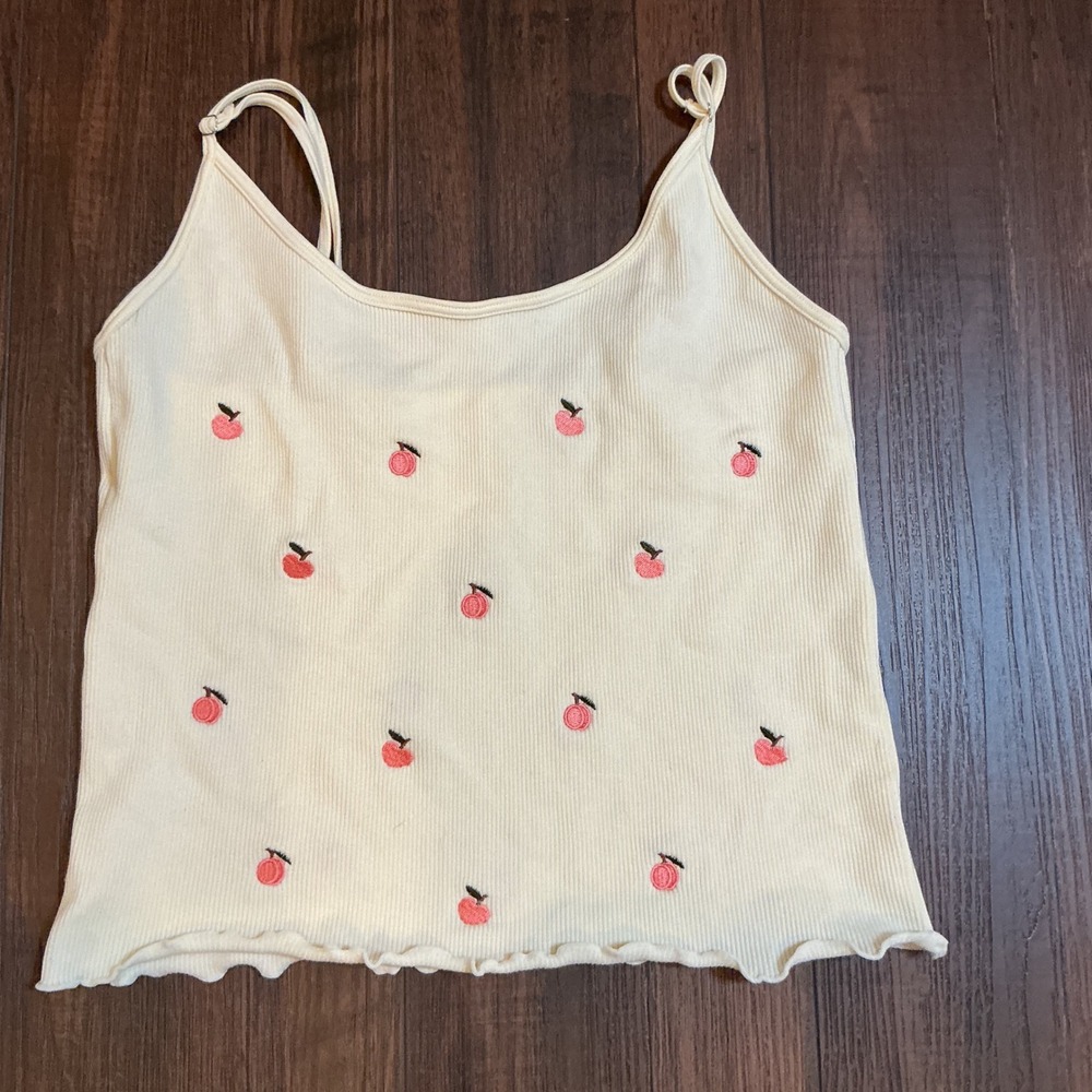 Fornia Peach Embroidered Ribbed Cami Tank Top Cream Lettuce Hem L/XL Coquette